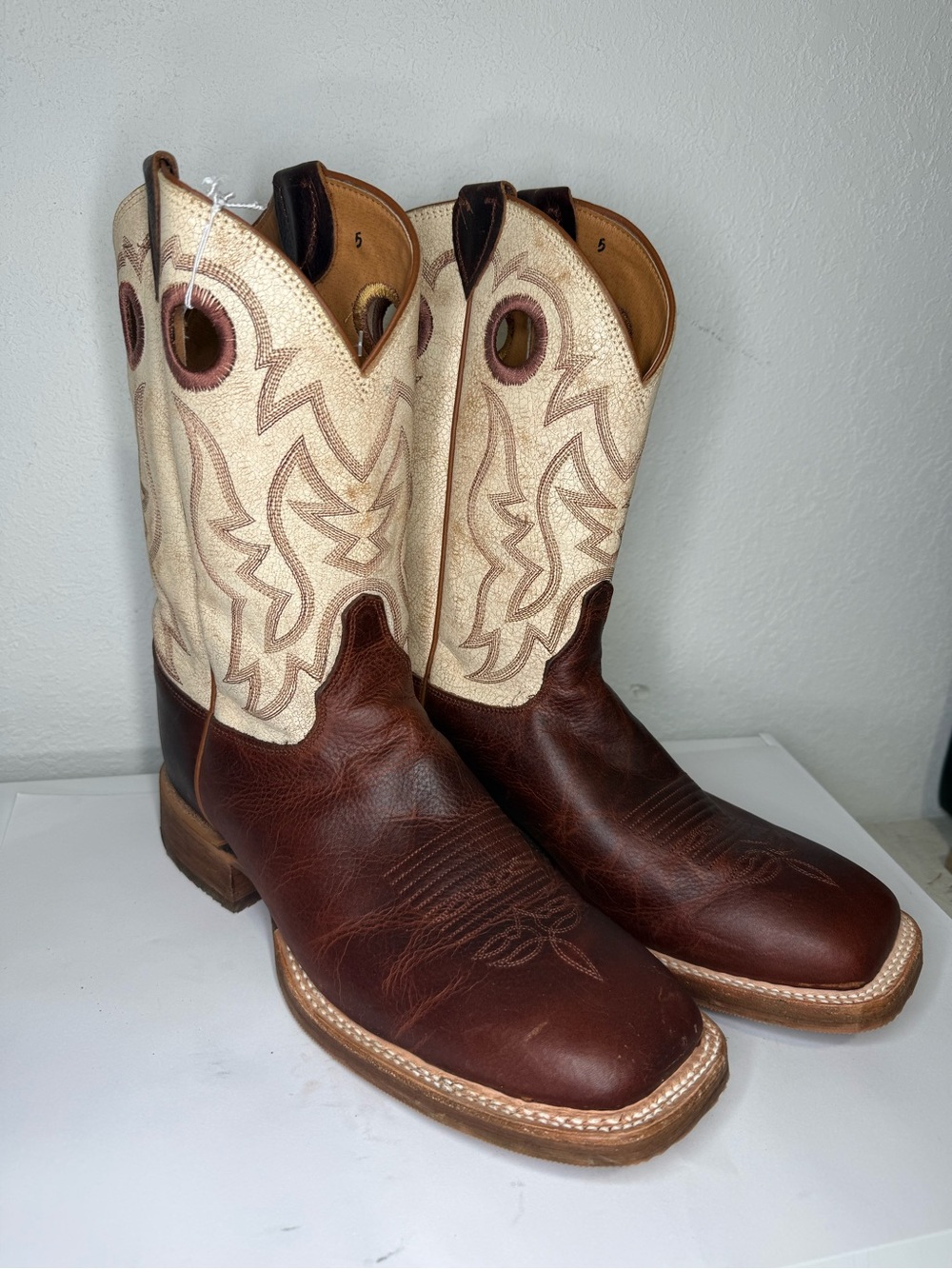 Justin Boots Brown and Cream Western Pull-On Cowboy Boots